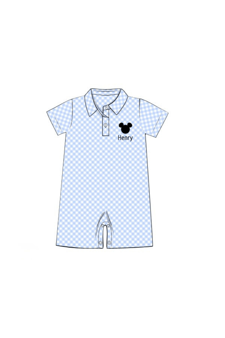 The Smocked Flamingo Apparel & Accessories Pre-Order Embroidered Mouse Blue Gingham Polo Romper