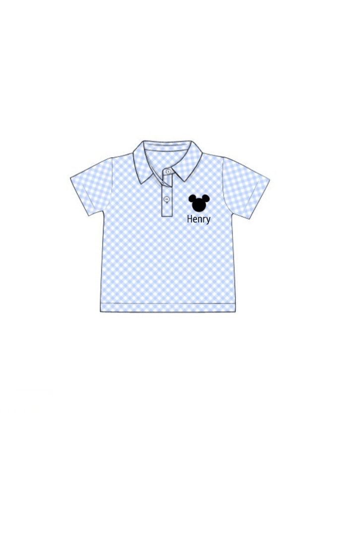 The Smocked Flamingo Apparel & Accessories Pre-Order Embroidered Mouse Blue Gingham Polo Shirt