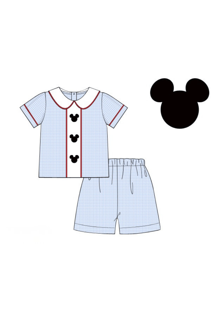 The Smocked Flamingo Apparel & Accessories Pre-Order Embroidered Mouse Blue Gingham Short Set