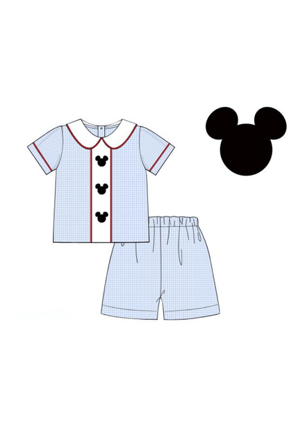 The Smocked Flamingo Apparel & Accessories Pre-Order Embroidered Mouse Blue Gingham Short Set