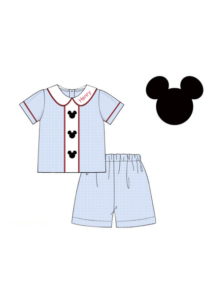 The Smocked Flamingo Apparel & Accessories Pre-Order Embroidered Mouse Blue Gingham Short Set