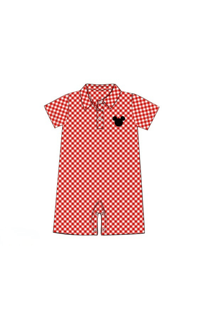 The Smocked Flamingo Apparel & Accessories Pre-Order Embroidered Mouse Red Gingham Polo Romper