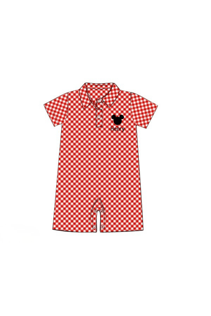 The Smocked Flamingo Apparel & Accessories Pre-Order Embroidered Mouse Red Gingham Polo Romper
