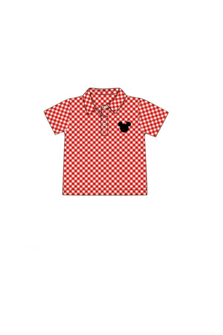 The Smocked Flamingo Apparel & Accessories Pre-Order Embroidered Mouse Red Gingham Polo Shirt