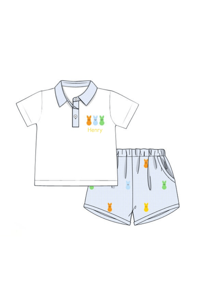 The Smocked Flamingo Apparel & Accessories Pre-Order Embroidered Peeps Baby Blue Gingham Polo Short Set