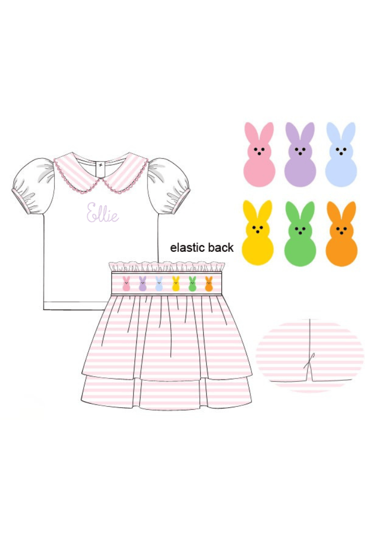 The Smocked Flamingo Apparel & Accessories Pre-Order Embroidered Peeps Pink Stripe Skort Set