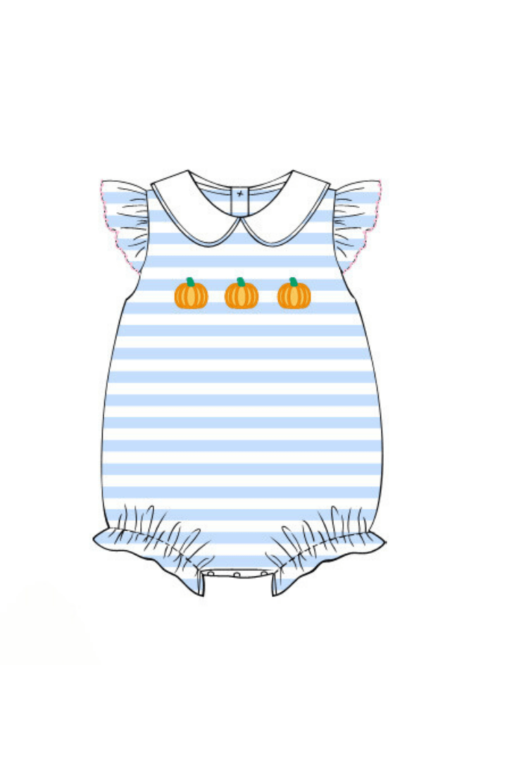 The Smocked Flamingo Apparel & Accessories Pre-Order Embroidered Pumpkin Blue Flutter Sleeve Knit Stripe Bubble