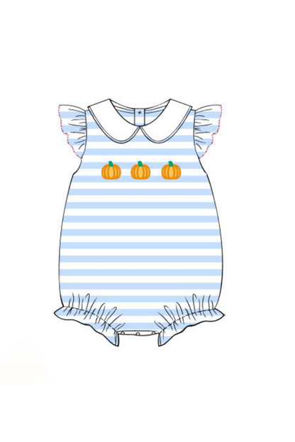 The Smocked Flamingo Apparel & Accessories Pre-Order Embroidered Pumpkin Blue Flutter Sleeve Knit Stripe Bubble