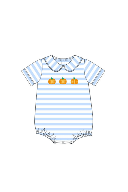 The Smocked Flamingo Apparel & Accessories Pre-Order Embroidered Pumpkin Blue Knit Stripe Bubble