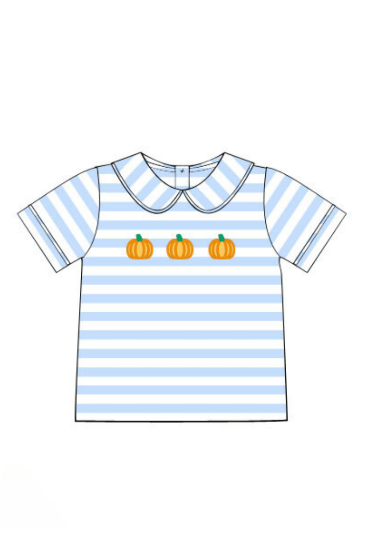 The Smocked Flamingo Apparel & Accessories Pre-Order Embroidered Pumpkin Blue Knit Stripe Shirt