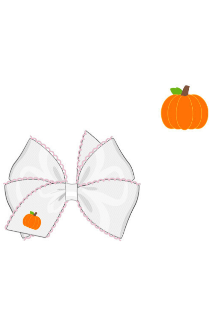 The Smocked Flamingo Apparel & Accessories Pre-Order Embroidered Pumpkin Scalloped Edge Grosgrain Bow White/Pink