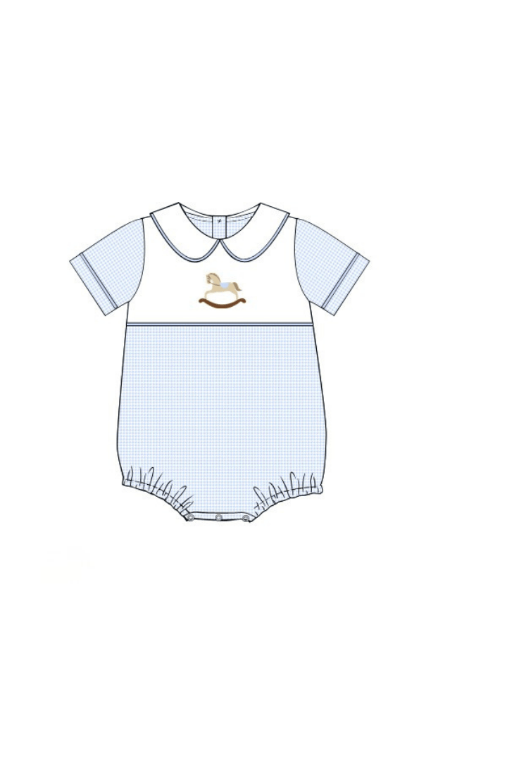 The Smocked Flamingo Apparel & Accessories Pre-Order Embroidered Rocking Horse Blue Gingham Knit Bubble