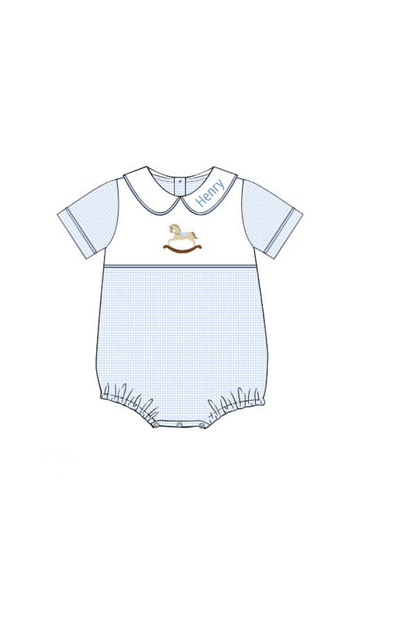The Smocked Flamingo Apparel & Accessories Pre-Order Embroidered Rocking Horse Blue Gingham Knit Bubble