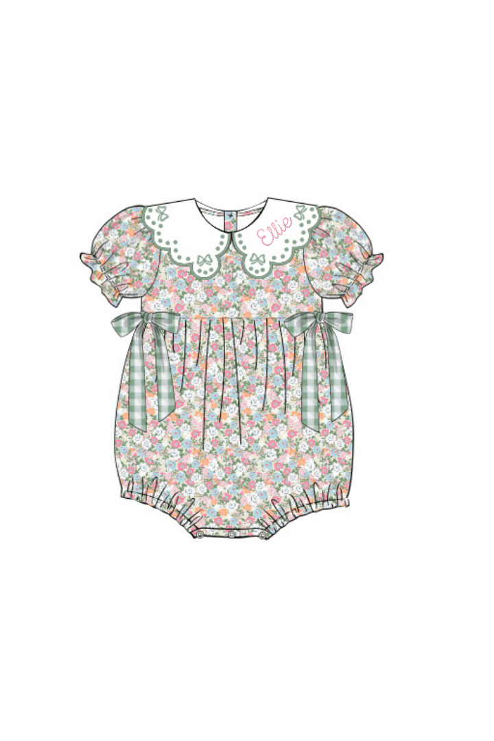 The Smocked Flamingo Apparel & Accessories Pre-Order Embroidered Sage Green Floral Corduroy Bow Bubble