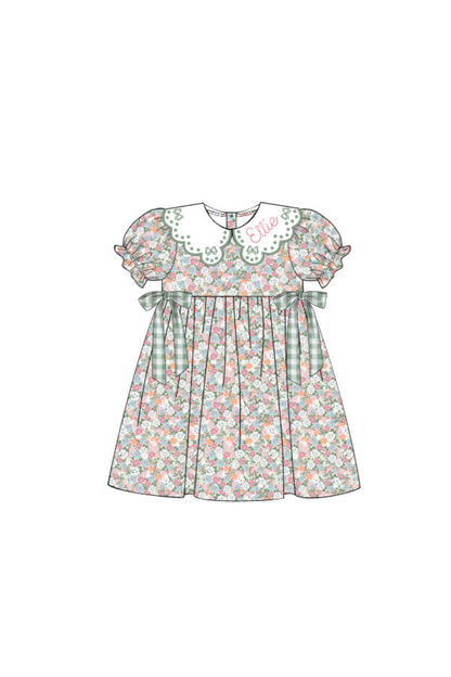 The Smocked Flamingo Apparel & Accessories Pre-Order Embroidered Sage Green Floral Corduroy Bow Dress