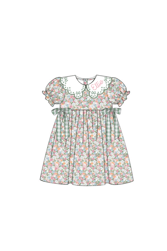 The Smocked Flamingo Apparel & Accessories Pre-Order Embroidered Sage Green Floral Corduroy Bow Dress
