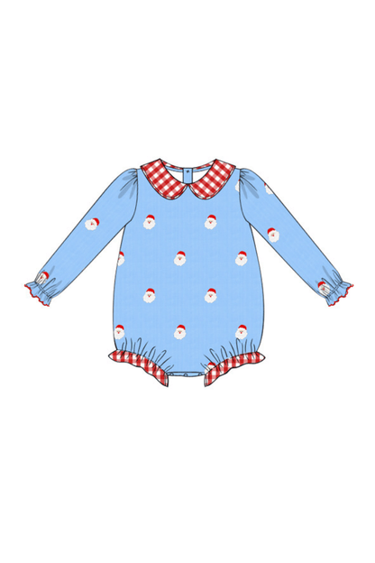 The Smocked Flamingo Apparel & Accessories Pre-Order Embroidered Santa Blue Corduroy/Red Gingham Bubble