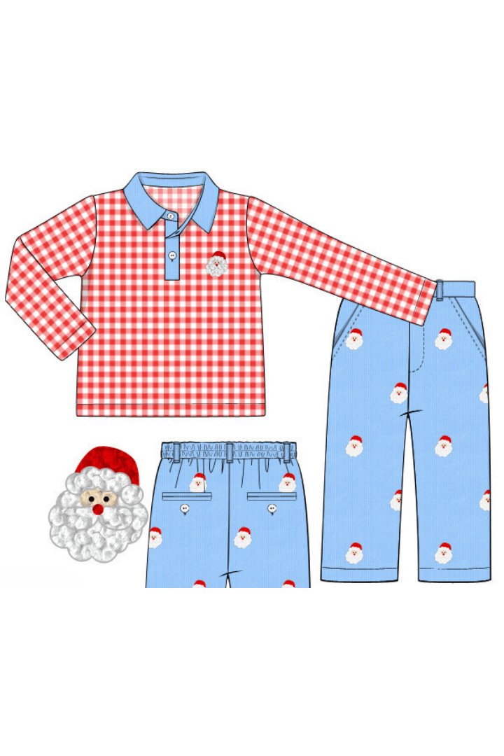 The Smocked Flamingo Apparel & Accessories Pre-Order Embroidered Santa Blue Corduroy/Red Gingham Knit Pant Set