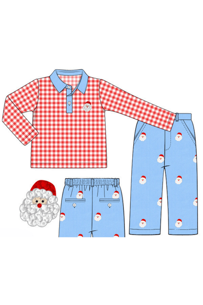 The Smocked Flamingo Apparel & Accessories Pre-Order Embroidered Santa Blue Corduroy/Red Gingham Knit Pant Set