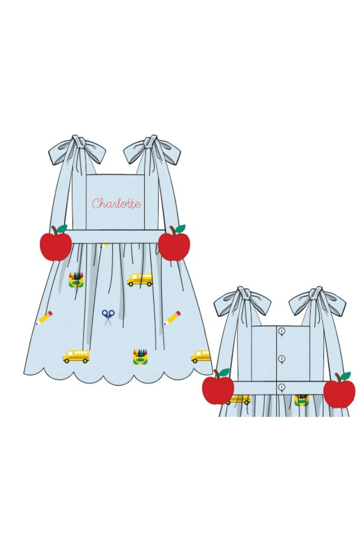 The Smocked Flamingo Apparel & Accessories Pre-Order Embroidered School Days Apple Tie Dress