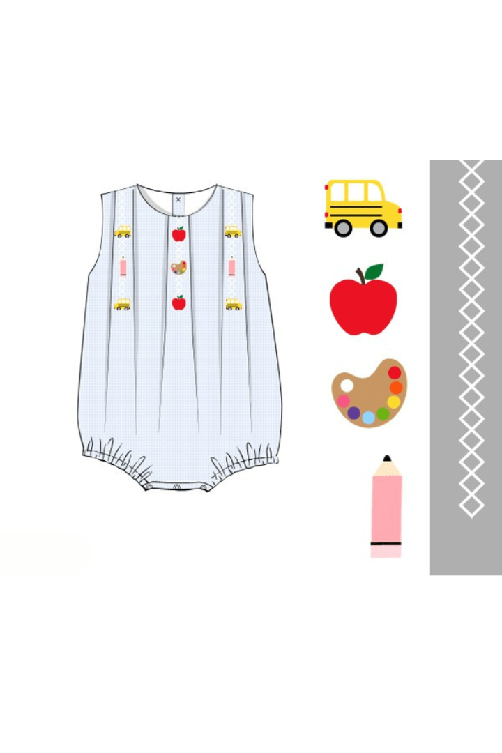 The Smocked Flamingo Apparel & Accessories Pre-Order Embroidered School Days Blue Gingham Bubble