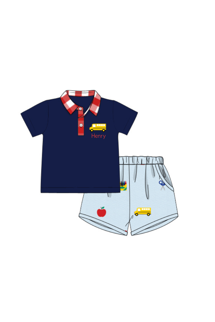 The Smocked Flamingo Apparel & Accessories Pre-Order Embroidered School Days Polo Short Set