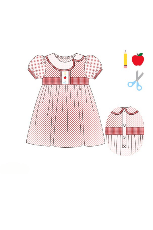 The Smocked Flamingo Apparel & Accessories Pre-Order Embroidered School Supplies Red Bitty Dot Dress
