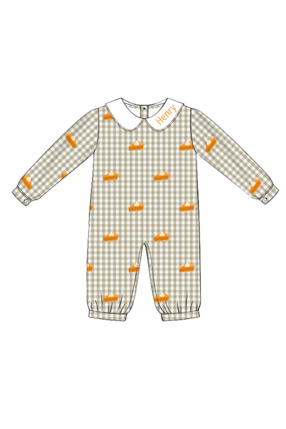 The Smocked Flamingo Apparel & Accessories Pre-Order Embroidered Sweet as Pie Khaki Gingham Romper