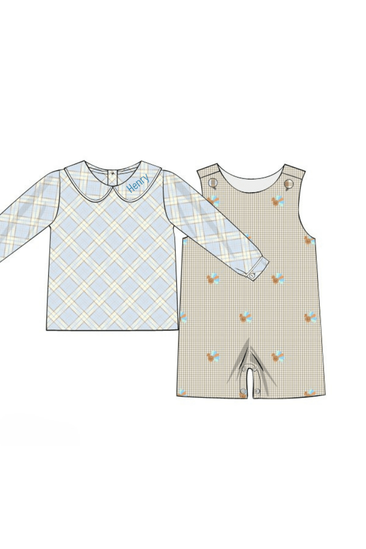 The Smocked Flamingo Apparel & Accessories Pre-Order Embroidered Turkey Blue Plaid/Khaki Gingham Jon Jon Set