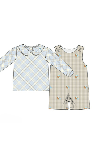 The Smocked Flamingo Apparel & Accessories Pre-Order Embroidered Turkey Blue Plaid/Khaki Gingham Jon Jon Set