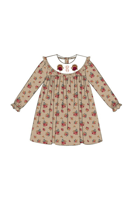 smocked thanksgiving dress Turkey in Tan and Pink! Fall, Bishop Dress, Vintage Style, Heirloom, Baby Girl, Sibling match, long sleeve 546 *G Your little turkey will look SO cute in this dress for the fall Thanksgiving festivities Girls Thanksgiving Outfit, Thanksgiving Dress