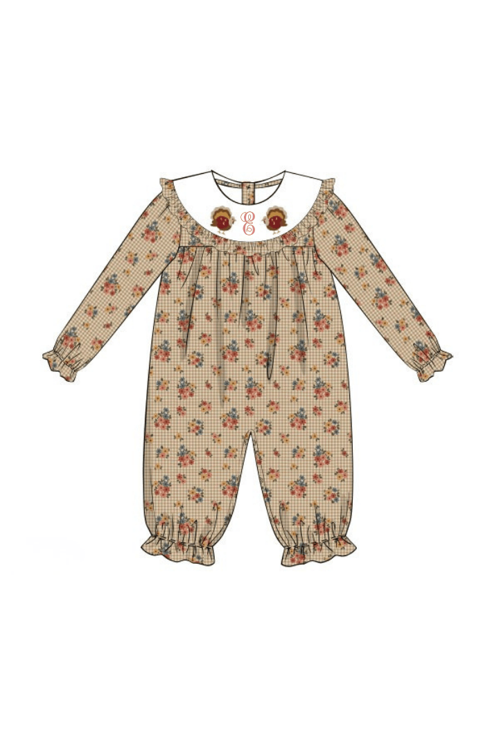 The Smocked Flamingo Apparel & Accessories Pre-Order Embroidered Turkey Corduroy Floral Romper