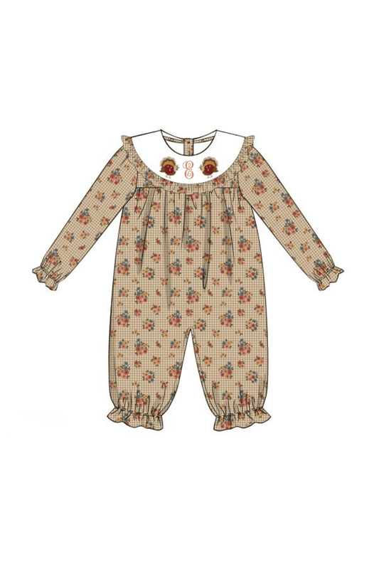The Smocked Flamingo Apparel & Accessories Pre-Order Embroidered Turkey Corduroy Floral Romper