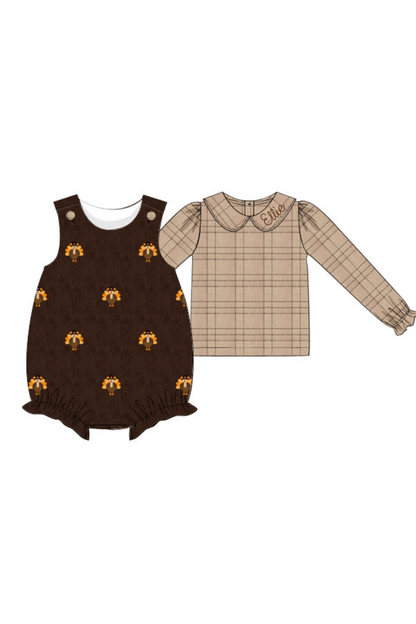 The Smocked Flamingo Apparel & Accessories Pre-Order Embroidered  Turkey Fall Flannel and Corduroy 2 Pc Bubble