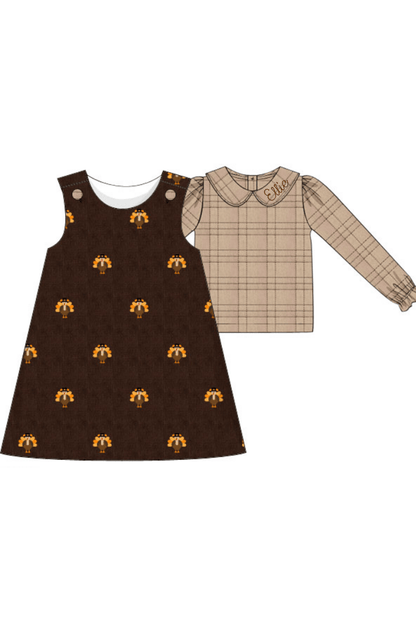 The Smocked Flamingo Apparel & Accessories Pre-Order Embroidered  Turkey Fall Flannel and Corduroy 2 Pc Dress