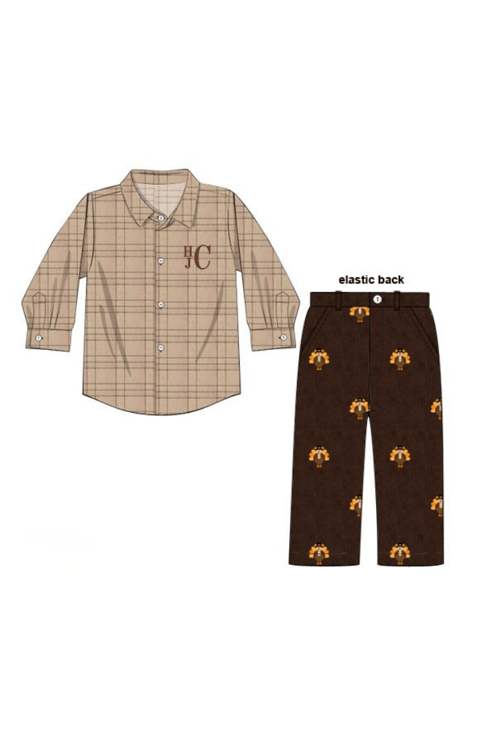 The Smocked Flamingo Apparel & Accessories Pre-Order Embroidered  Turkey Fall Flannel and Corduroy Button Down and Pant Set