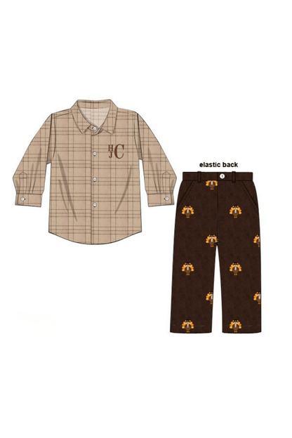 The Smocked Flamingo Apparel & Accessories Pre-Order Embroidered  Turkey Fall Flannel and Corduroy Button Down and Pant Set