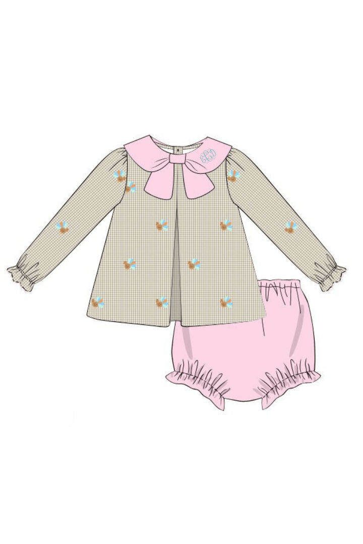 The Smocked Flamingo Apparel & Accessories Pre-Order Embroidered Turkey Pink/Khaki Gingham Bow Bloomer Set