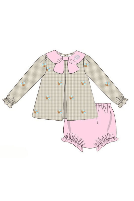 The Smocked Flamingo Apparel & Accessories Pre-Order Embroidered Turkey Pink/Khaki Gingham Bow Bloomer Set