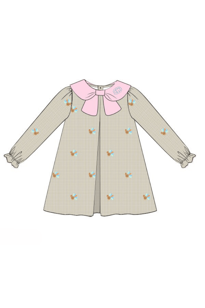 The Smocked Flamingo Apparel & Accessories Pre-Order Embroidered Turkey Pink/Khaki Gingham Bow Dress