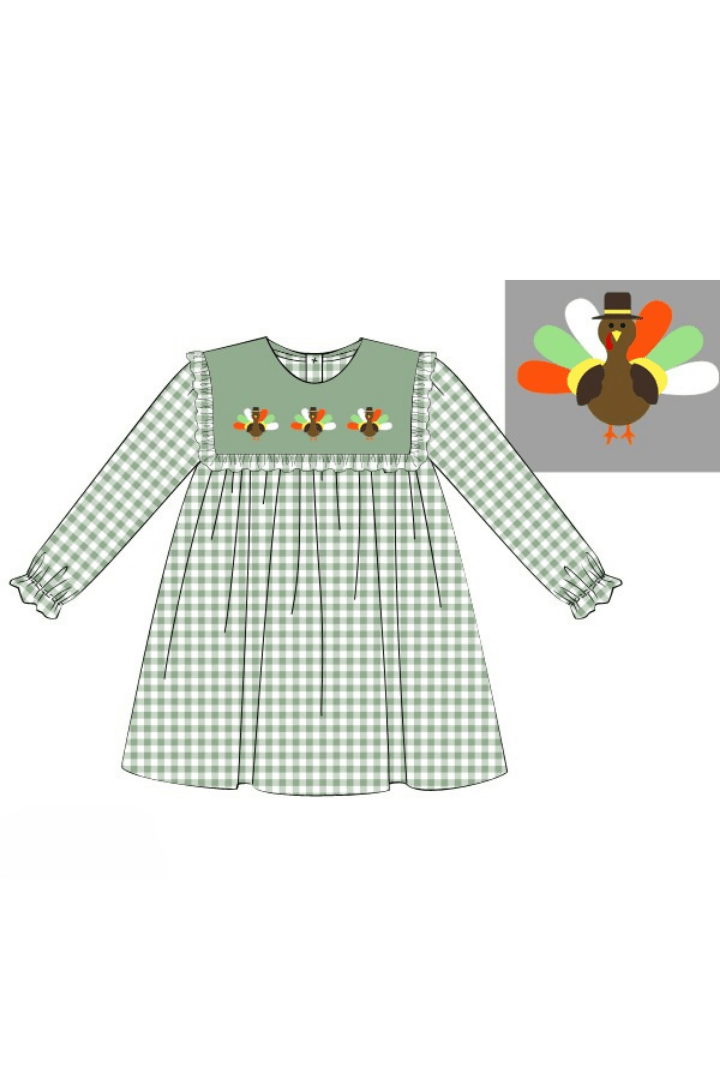 The Smocked Flamingo Apparel & Accessories Pre-Order Embroidered Turkey Sage Green Gingham Dress