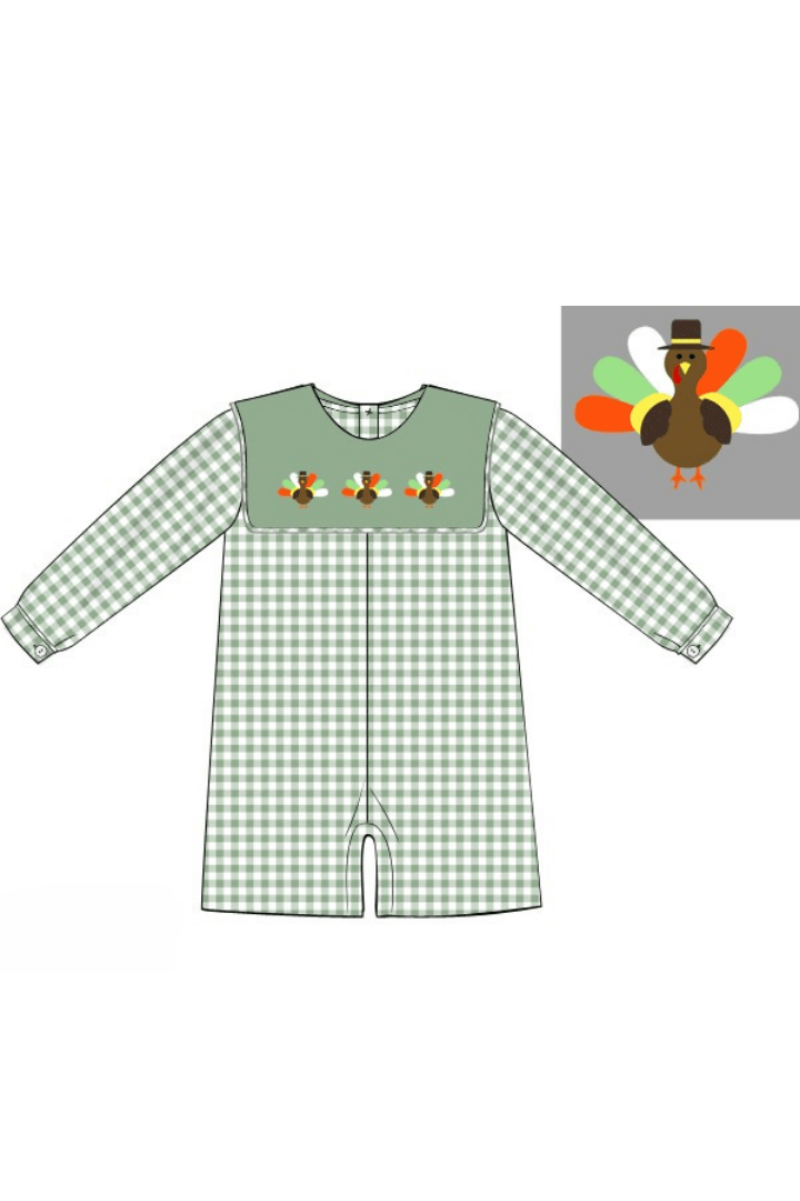 The Smocked Flamingo Apparel & Accessories Pre-Order Embroidered Turkey Sage Green Gingham Short Romper
