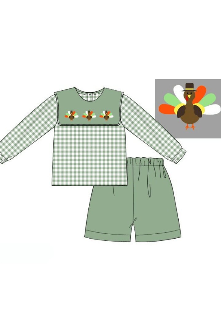 The Smocked Flamingo Apparel & Accessories Pre-Order Embroidered Turkey Sage Green Gingham Short Set