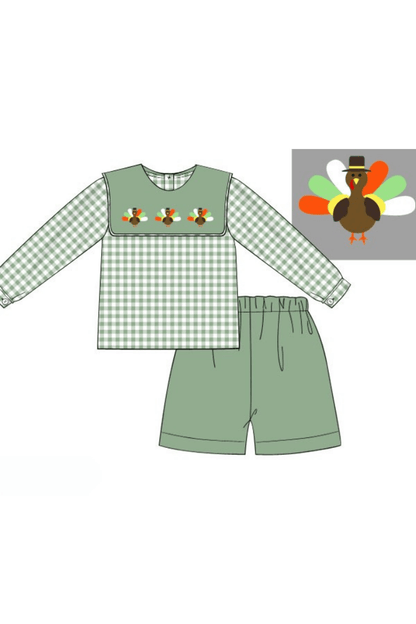 The Smocked Flamingo Apparel & Accessories Pre-Order Embroidered Turkey Sage Green Gingham Short Set