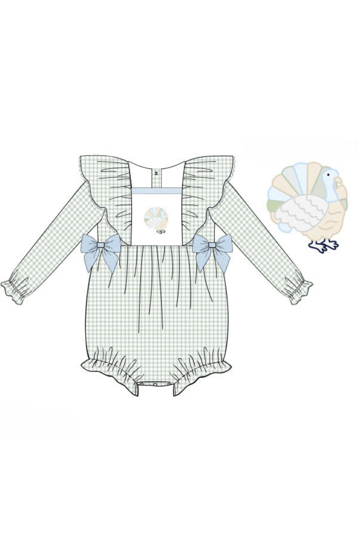 The Smocked Flamingo Apparel & Accessories Pre-Order Embroidered Turkey Sage Windowpane/Blue Linen Bow Bubble