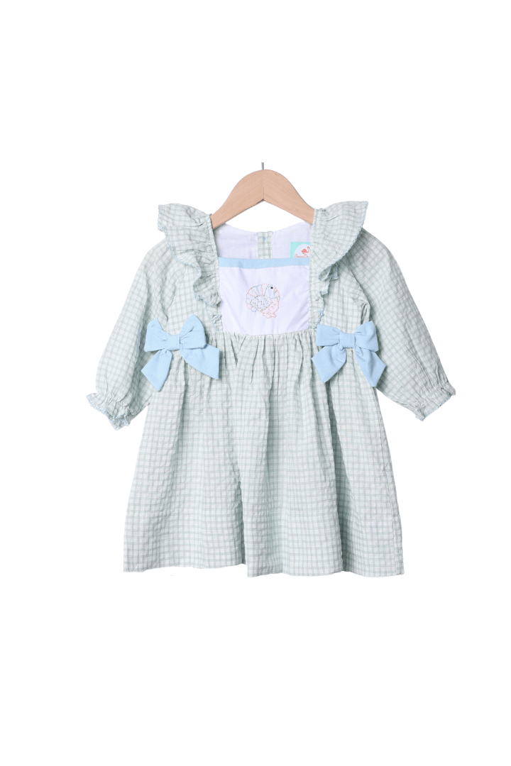 The Smocked Flamingo Apparel & Accessories Pre-Order Embroidered Turkey Sage Windowpane/Blue Linen Bow Dress