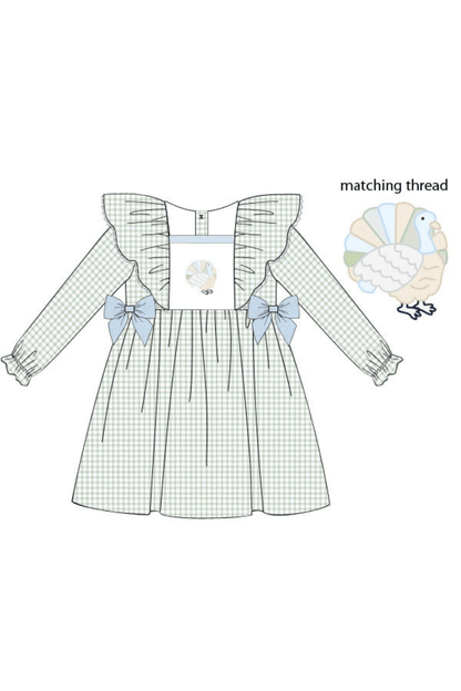 The Smocked Flamingo Apparel & Accessories Pre-Order Embroidered Turkey Sage Windowpane/Blue Linen Bow Dress