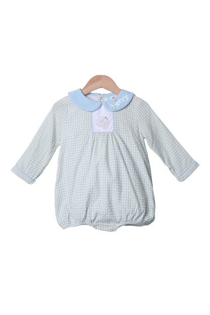 The Smocked Flamingo Apparel & Accessories Pre-Order Embroidered Turkey Sage Windowpane/Blue Linen Bubble