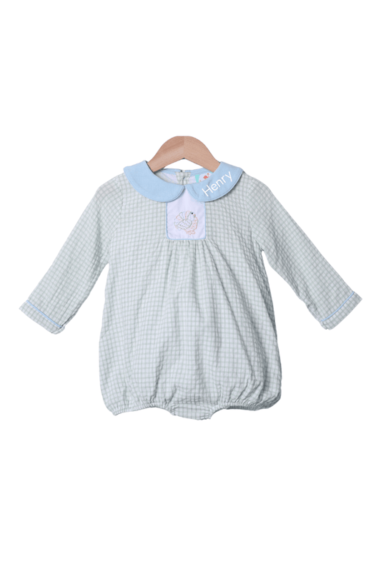 The Smocked Flamingo Apparel & Accessories Pre-Order Embroidered Turkey Sage Windowpane/Blue Linen Bubble