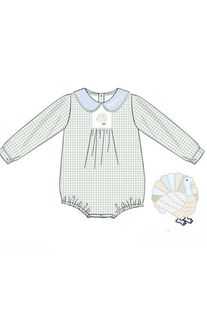 The Smocked Flamingo Apparel & Accessories Pre-Order Embroidered Turkey Sage Windowpane/Blue Linen Bubble